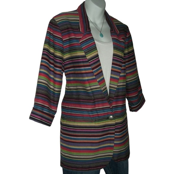 Vintage 80s Rainbow Striped Oversized Blazer Bohemian Southwestern Boho Festival - Picture 3 of 11